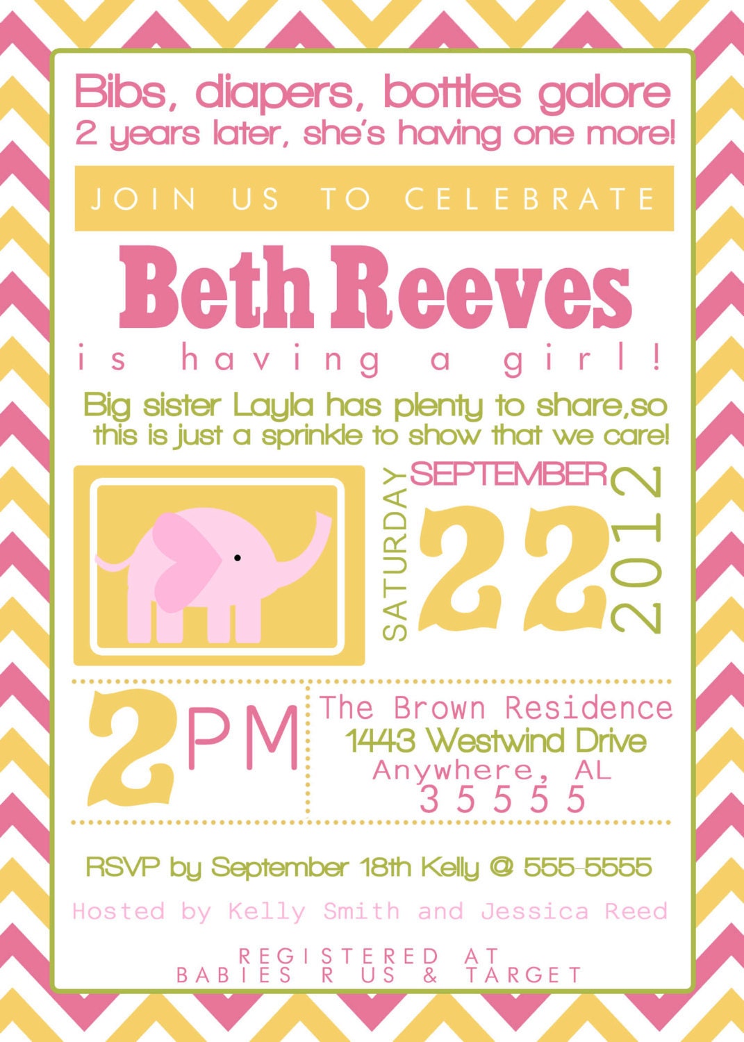 Modern Typography Baby Sprinkle, Shower, Sip and See Invitation/Invite. Pink, Green, Yellow, Purple, Custom you choose colors