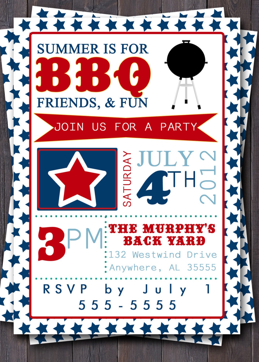 4th of July Typography Invitation. Stars, Red, White, & Blue. BBQ, Picnic, Party, Cookout, Pool Party