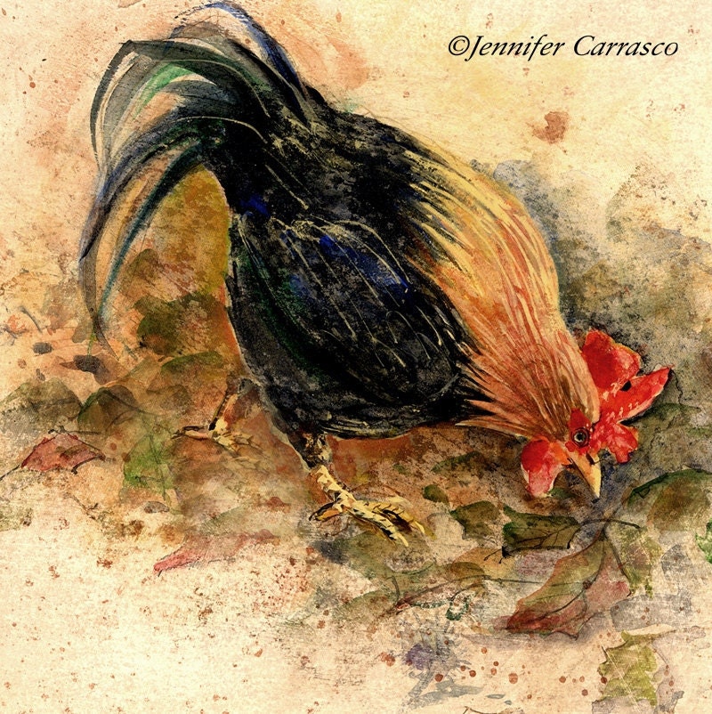 Chickens, Autumn Rooster,Animal Art Prints, Art for Children, Kitchen Art, Seasons, Vintage inspired, 8x8", Farm paintings, Nature