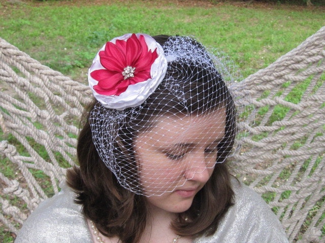 Birdcage White Veil Bridal Headpiece Fascinator Hair Bow Satin Red Rhinestone by theyellowtulip