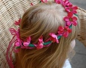 flower girl wreath tiara crown pink flowers wreath pink ribbon wedding flowers baby headband