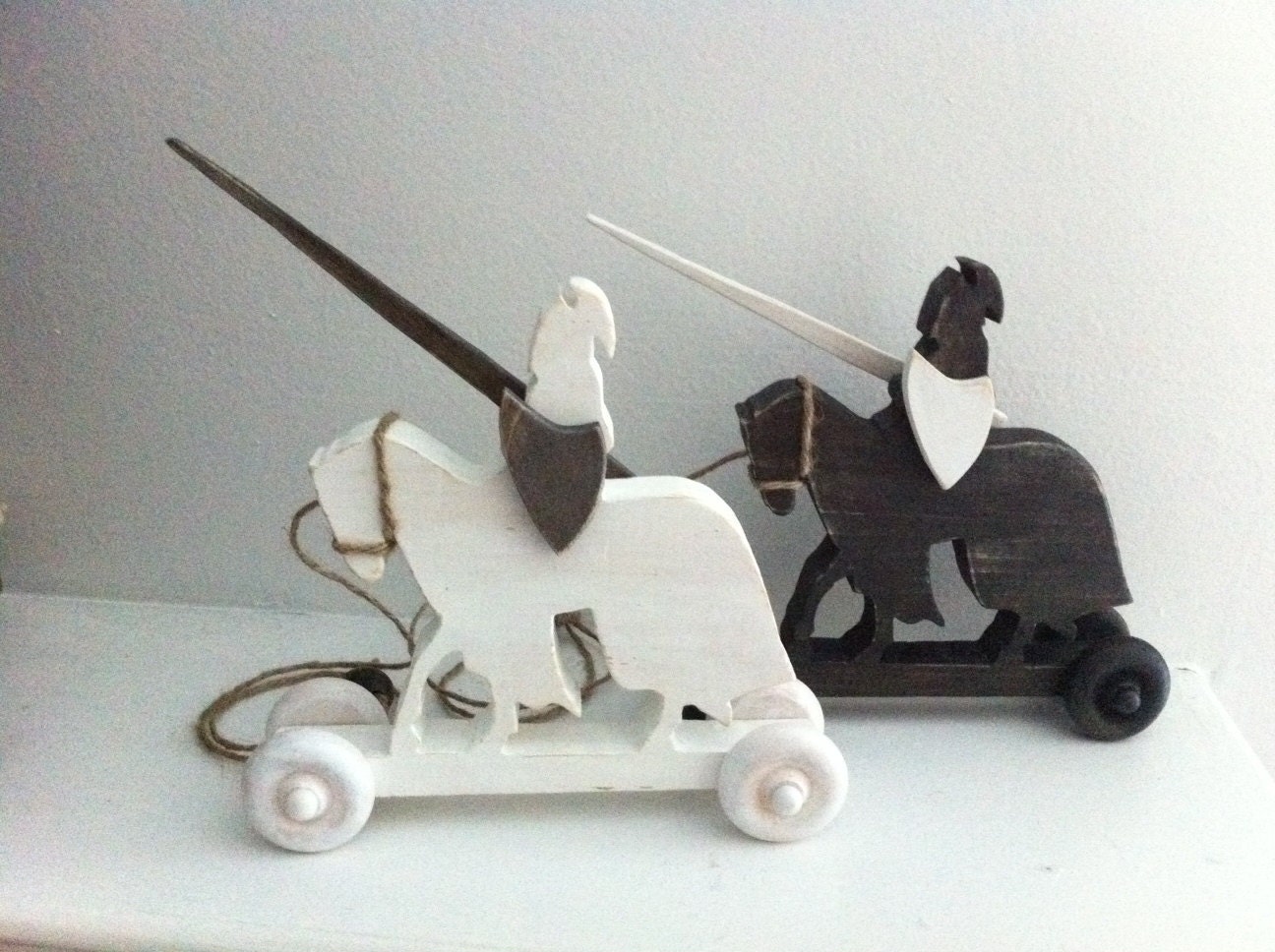 Pair of Black and White Knights on Horse Pull Toys - knight toys