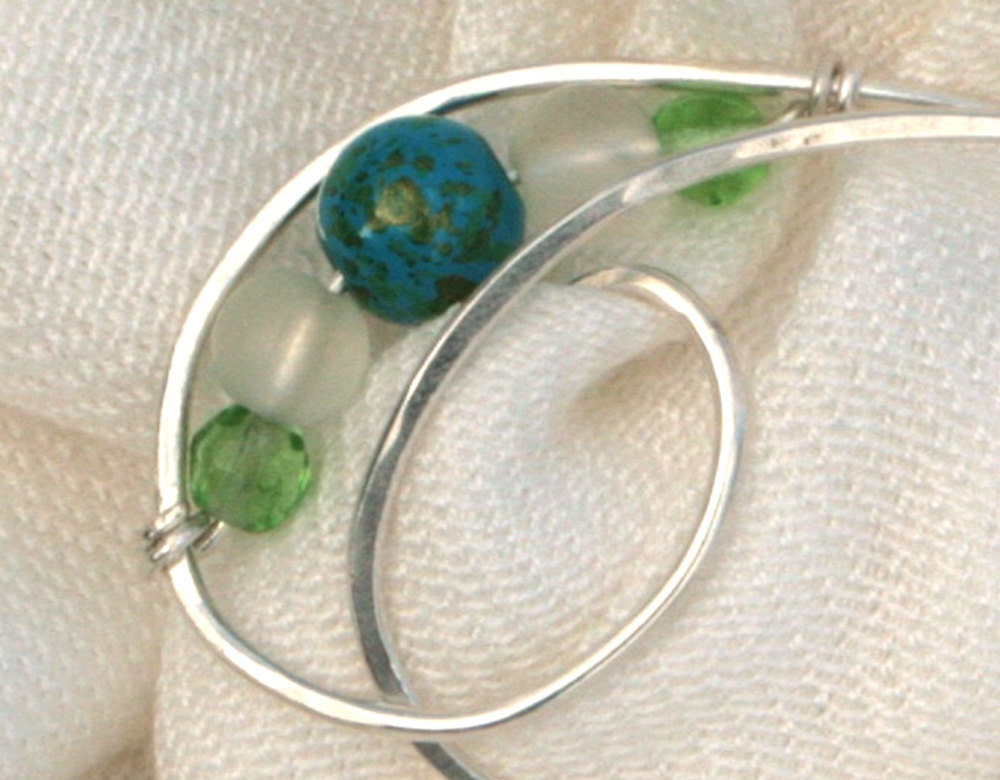 Sterling Silver Handmade Beaded Shawl Pin - Fibula Style with Earth Inspired Beaded Accents