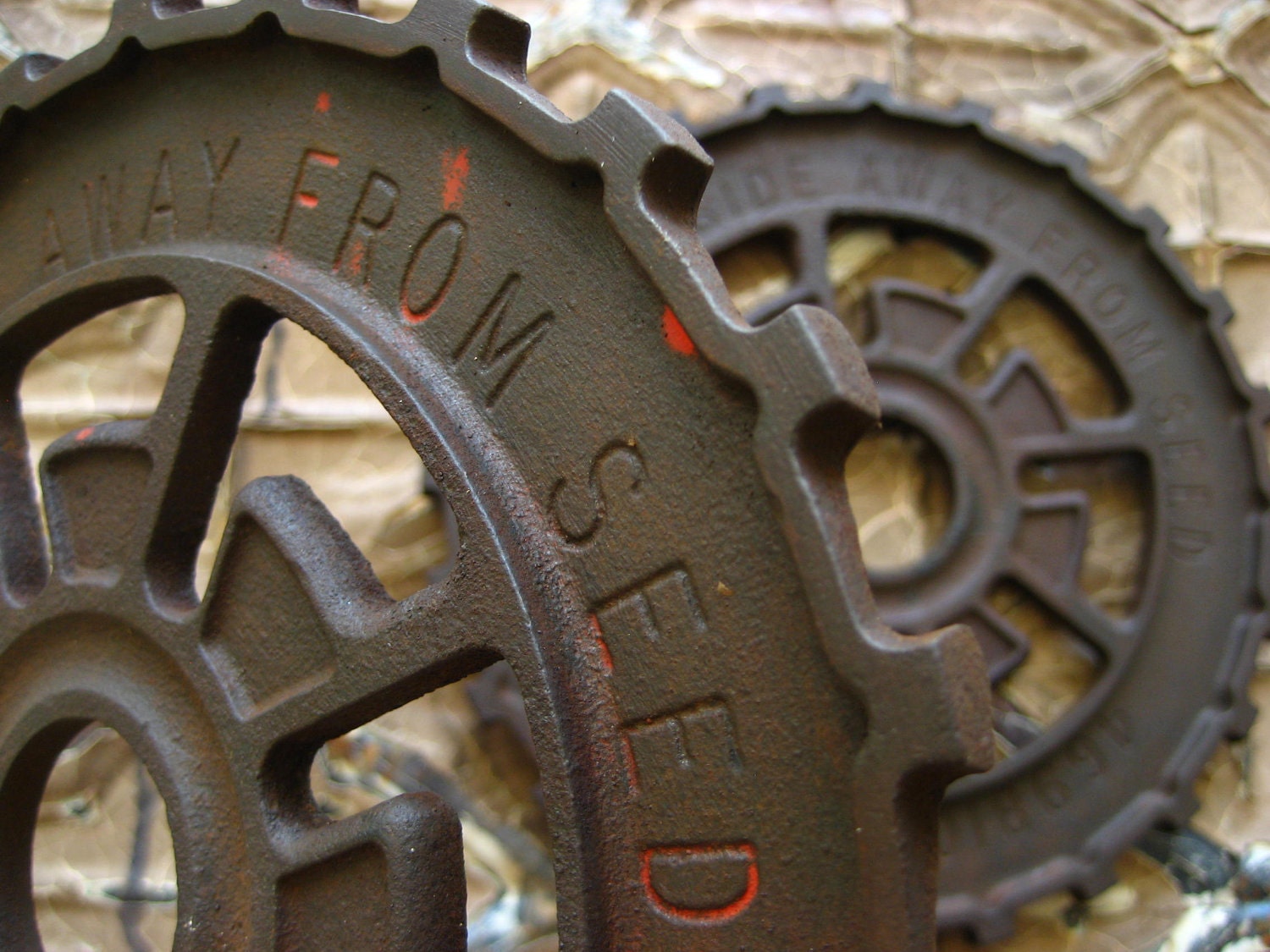 2 Vintage Primitive Cast Iron Gears, Antique Industrial Machine Age Farm Factory Metal Wheel