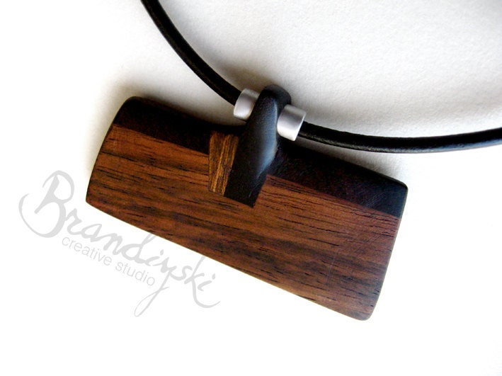 CHOCOLATE PASSION - Original Handmade Wooden Necklace - exotic black, brown ebony and mahagon wood with aluminum  elements, 3mm leather cord