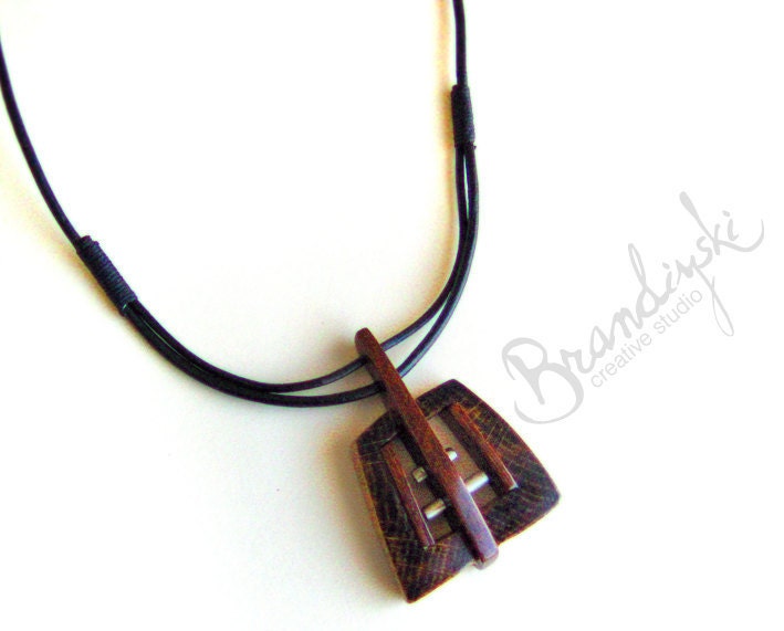 RED WHITE TALISMAN - Original Handmade Wooden Jewelry - necklace oak and mahagon wood with aluminum and ceramic elements, with leather cord