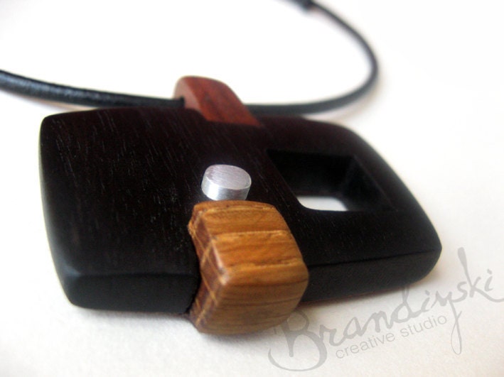 WOODEN JEWELRY - Unique designed Wooden Necklace - exotic black and brown ebony, oak, aluminium detail, 3mm leather cord