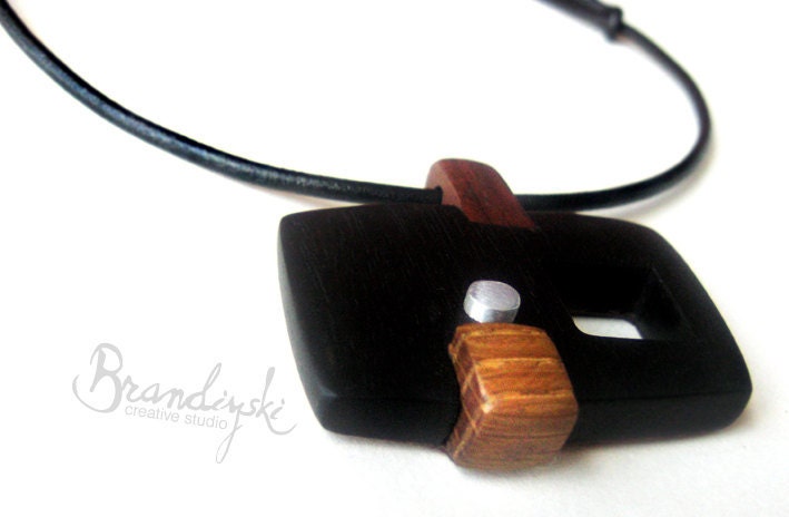 WOODEN JEWELRY - Unique designed Wooden Necklace - exotic black and brown ebony, oak, aluminium detail, 3mm leather cord