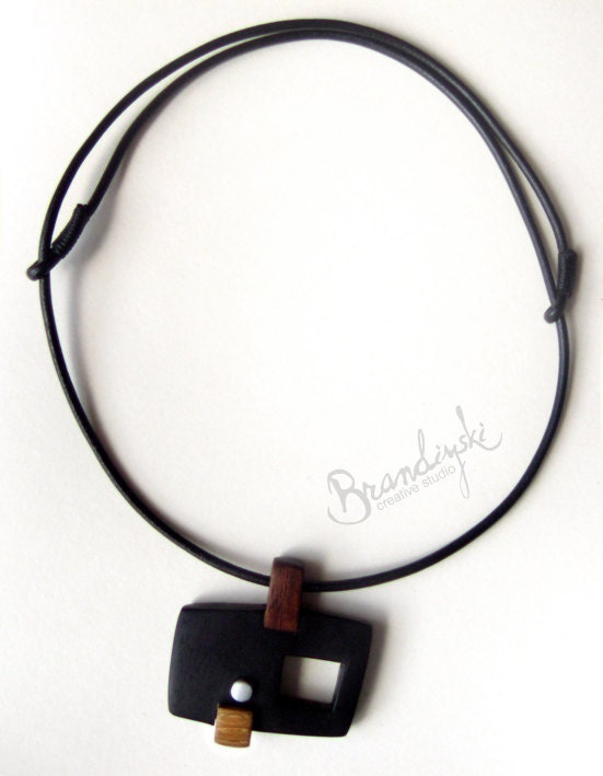 WOODEN JEWELRY - Unique designed Wooden Necklace - exotic black and brown ebony, oak, aluminium detail, 3mm leather cord
