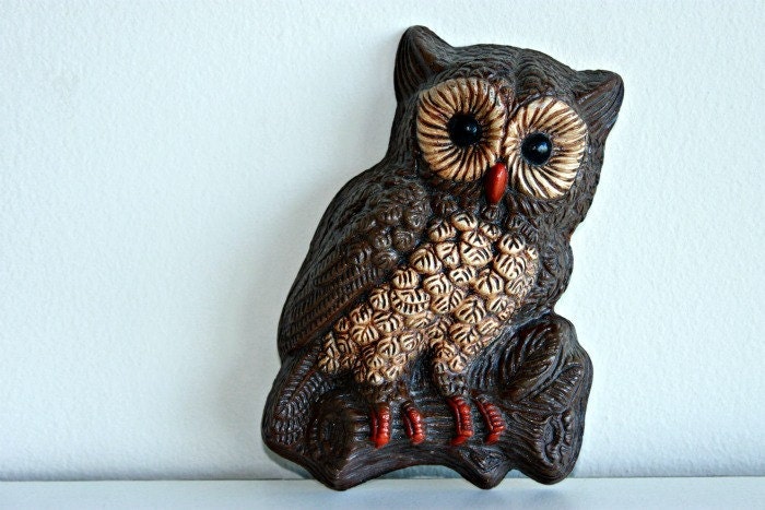 Vintage 1960s Owl Figurine Wall Hanging Retro Owl Decor