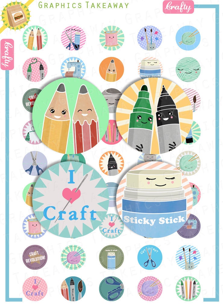 CRAFT 1 x 1 inch Circles, digital collage sheet for bottle caps, badges & pendants (Personal use license)