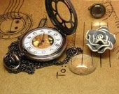 Antique pocket watch jewelry necklace pendant copper large petals  hb05