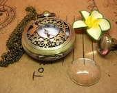 Antique pocket watch jewelry necklace pendant copper trumpet carved birds  hb07