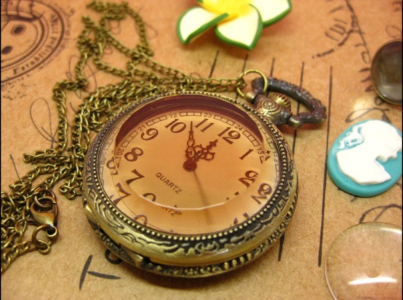 Antique pocket watch jewelry necklace pendant copper brown golden palace hb10