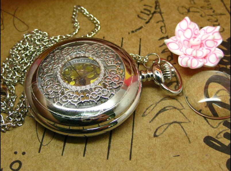 Antique pocket watch jewelry silver necklace pendant copper hollow  hb23