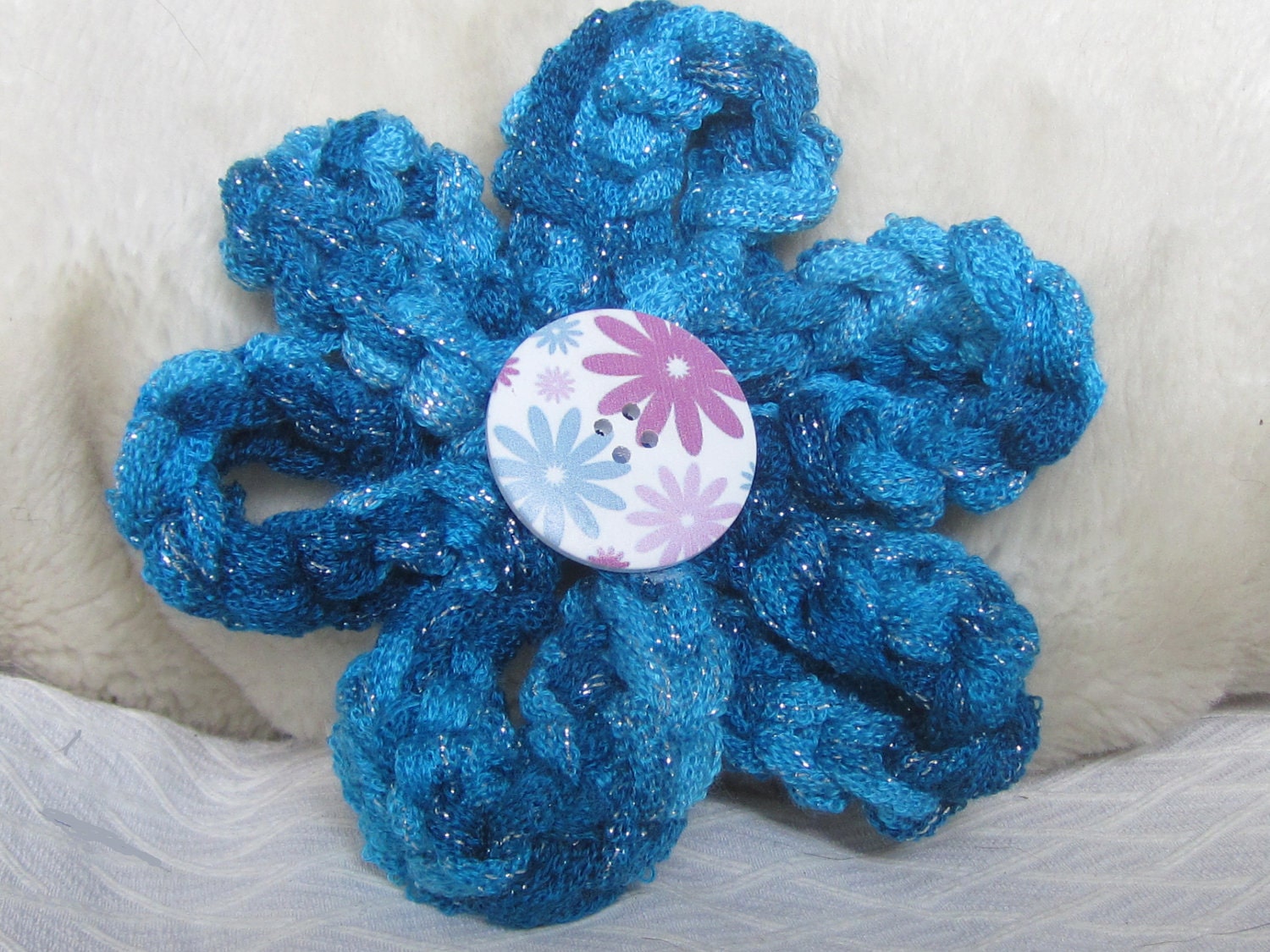 Blue Knitted Corsage, Teal Yarn Flower, knitted Accessory,