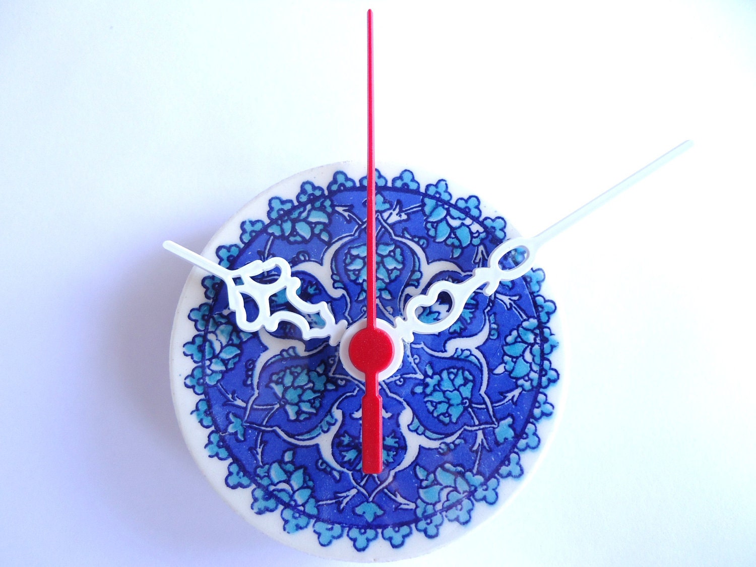 Wall Clock 2012 design Turkish Ceramic Tile with blue flower Anatolian patterns - WallClocksbyimagine
