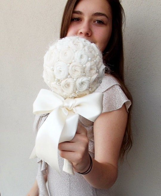 Bridal Cream and Ivory Handmade Roses Unique Wedding Bouquet