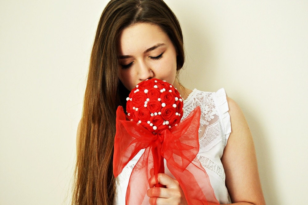 Red Handmade Chiffon Roses Unique Wedding Bouquet