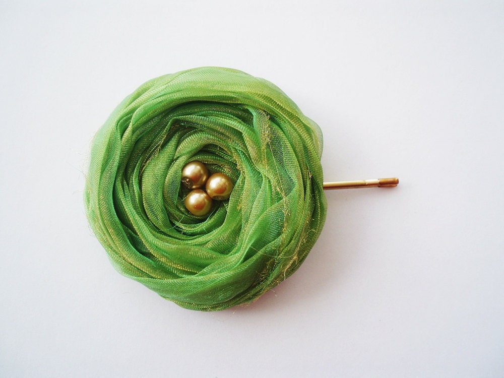 Green Chiffon Roses Hair Bridal Bobby Pin