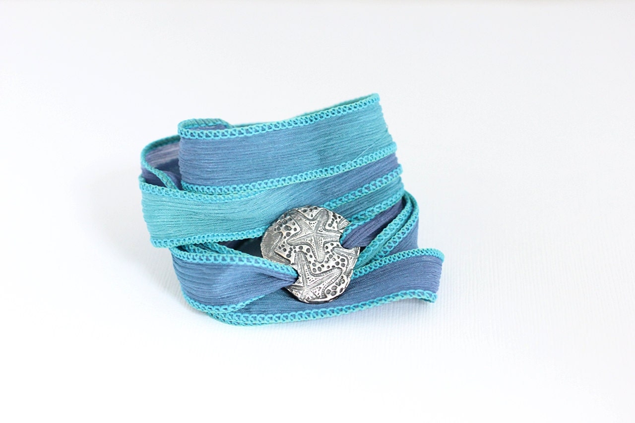 Starfish Bracelet Silk Ribbon Wrap, Fine Silver Eco Friendly Summer Beach Bracelet, Blue and Turquoise hand dyed silk