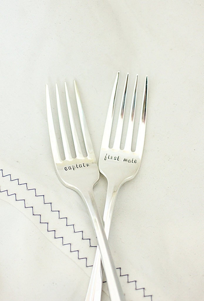 Captain and First Mate Fork Set Nautical Silverware Hand Stamped Nautical Wedding Decor