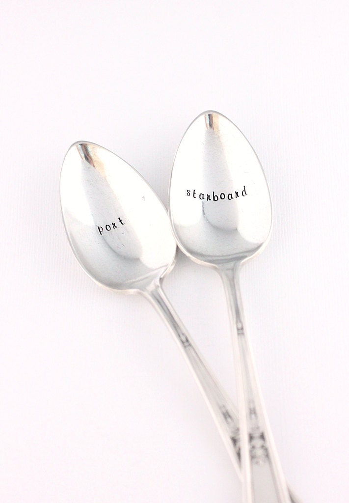 Nautical Spoon Set Port and Starboard Hand Stamped Recycled Silverware