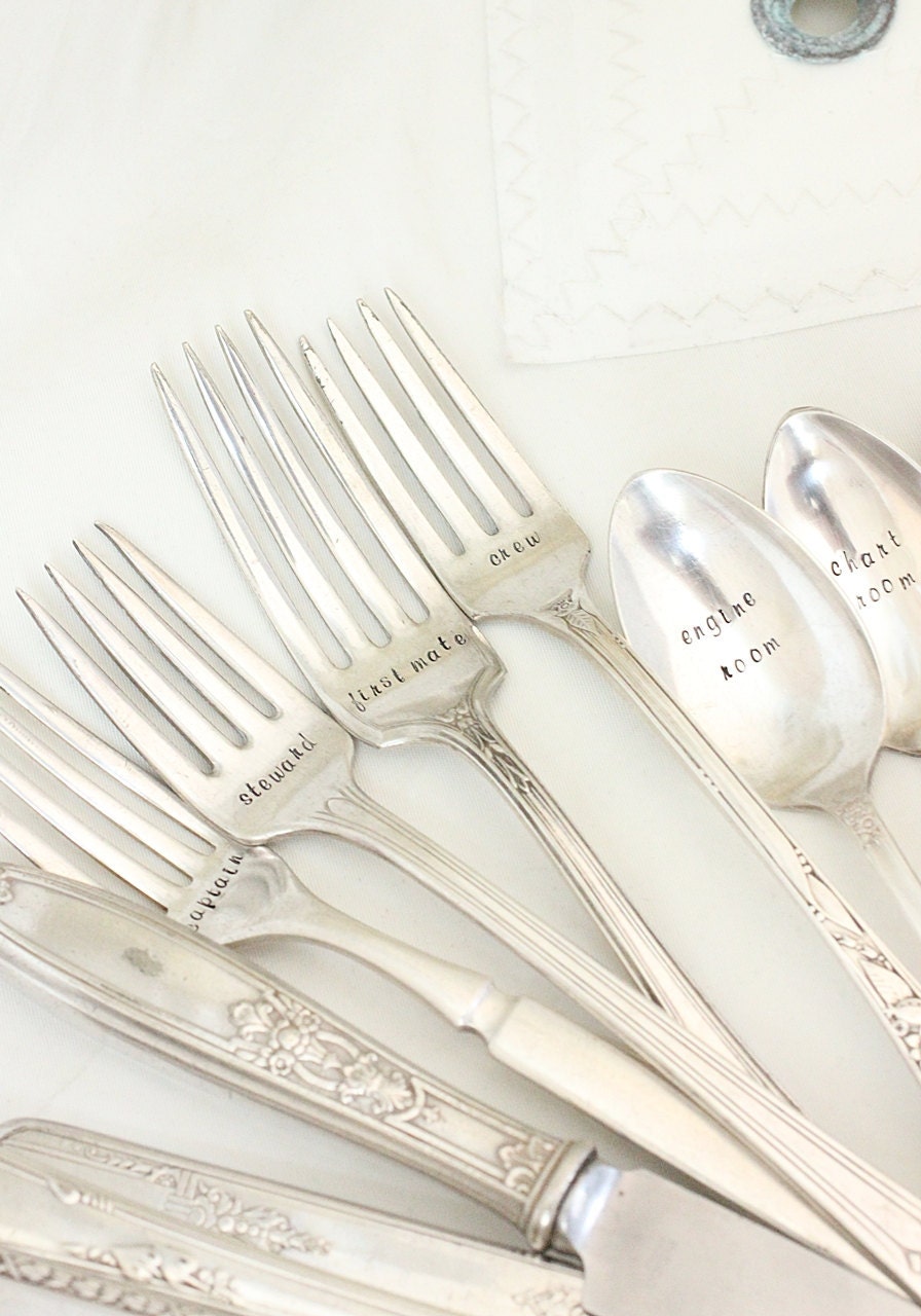 Nautical Table Setting. Ships Rank and Decks Nautical Decor Wedding Hand Stamped Flatware Beach Cottage