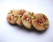 4 Flower Wooden Buttons: 30mm 4-hole buttons in red, yellow, brown and green floral design