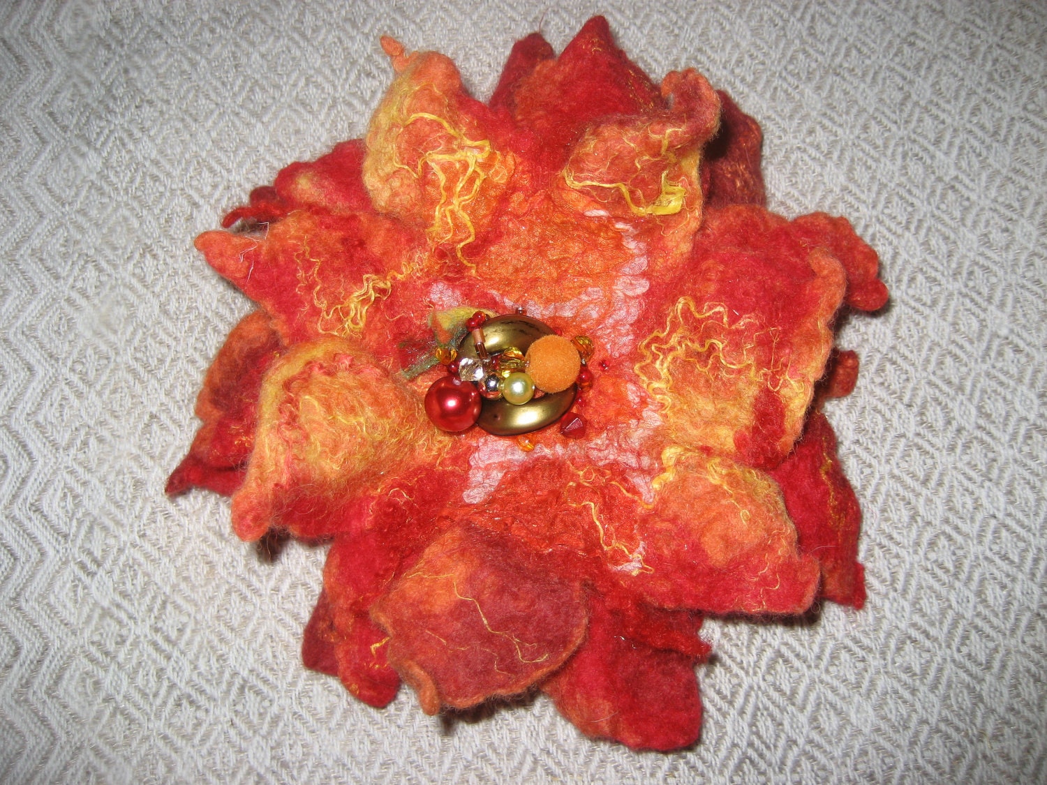 Red Orange Yellow Felted Flower Brooch, Nuno Felted Wool, Fire shades, under 20 dollars for her