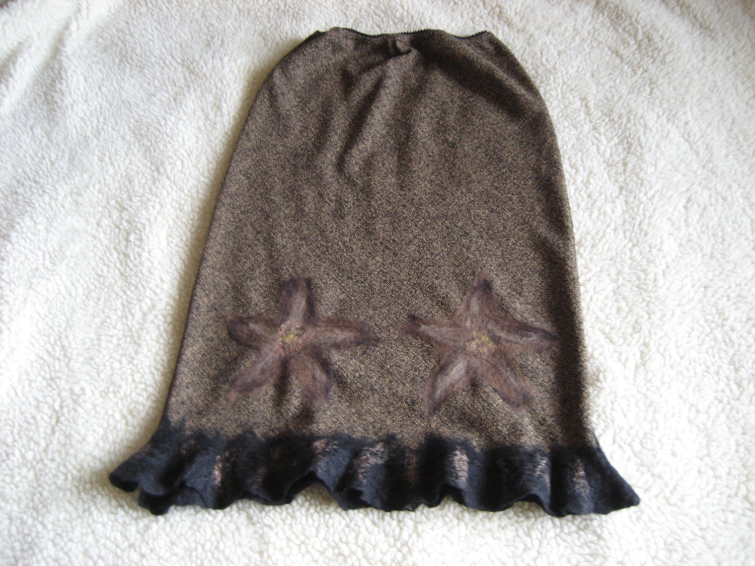 Flower skirt with belt nuno felt black brown XS, S size, cotton wool felted