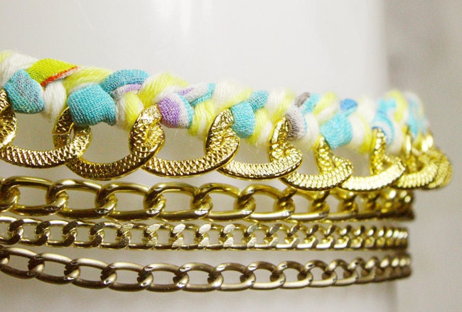 Woven Chain Bracelet by Linen Blue Fabric and yellow cotton yarn