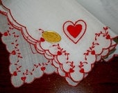 Vintage Ladies Valentine Hankie  Swiss White Cotton Red Hearts - VintageBonnieBerjean
