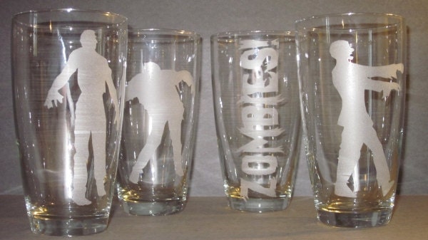Set of 4 Etched Zombie Drinking Glasses