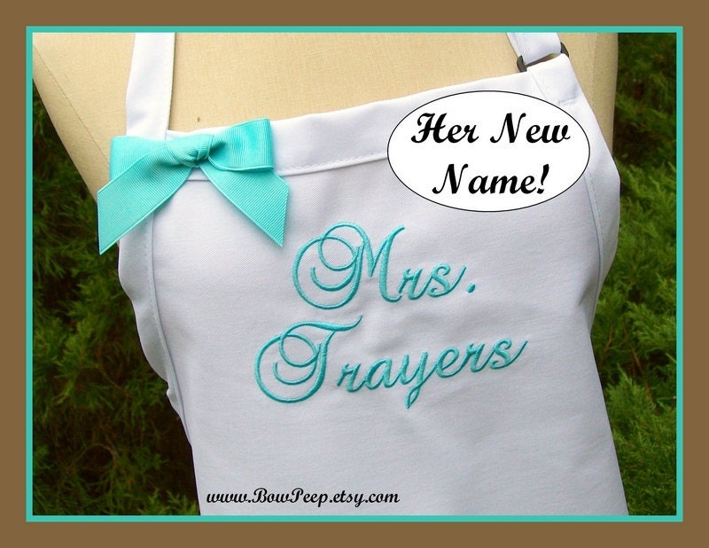 White "Mrs." Apron - Her New Married Name - Beach Island Wedding Colors - Monogrammed Personalized - Bridal Shower Gift Ocean Blue Aqua