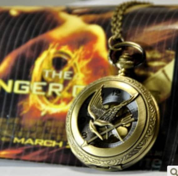 hunger games jewelry pocket watch necklace mocking bird pendant hb135