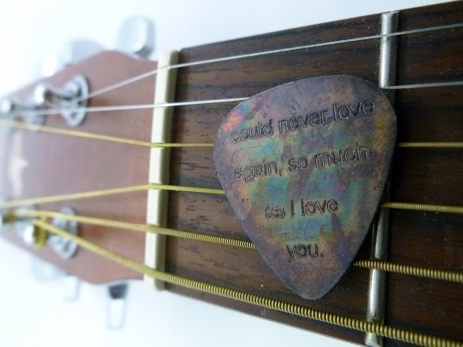 Engraved & Antiqued Copper Guitar Pick - I Could Never Love Again, So Much As I Love You