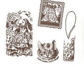 Alice in Wonderland No. 3 RUBBER STAMP SET  Vintage Antique Style 4 Piece Wood and Rubber Stamp Set