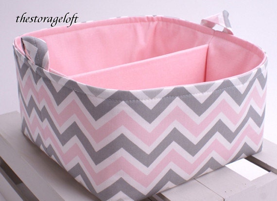 LG 10"x10"x6" Diaper Caddy - Storage Bin Basket Container Organizer - Divider - Pink Gray White Chevron Zigzag Fabric