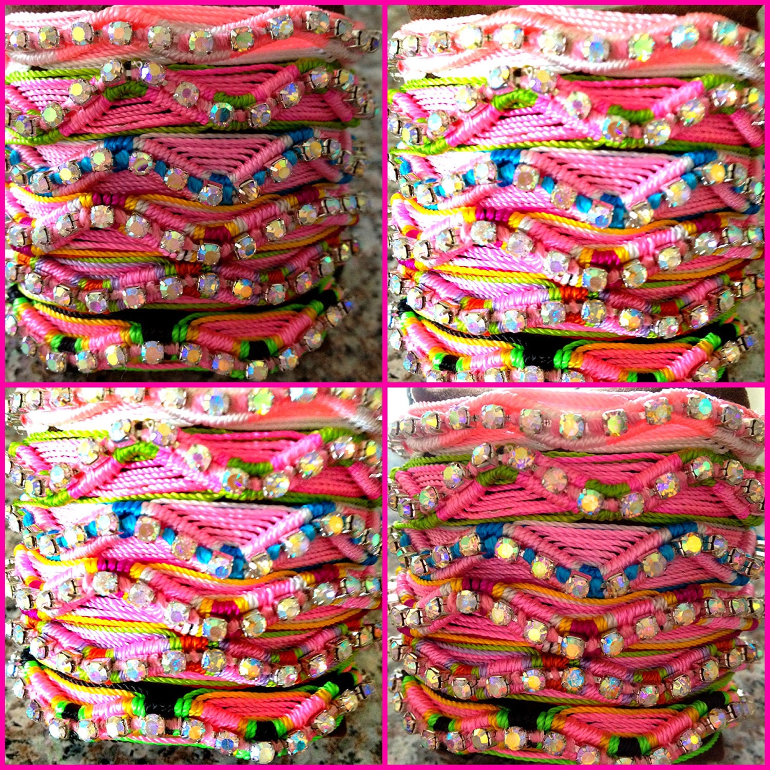 Baby pink, handwoven diamante friendship bracelets embellished with aurora borealis crystal chain