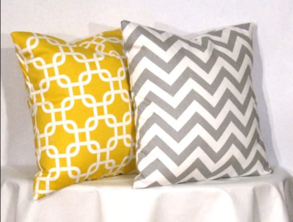 16" Decorative Pillows 1 Grey and White Chevron Zig Zag and 1 Yellow and White Gotcha Accent Pillow - 16x16 inch square - TWO PILLOW COVERS