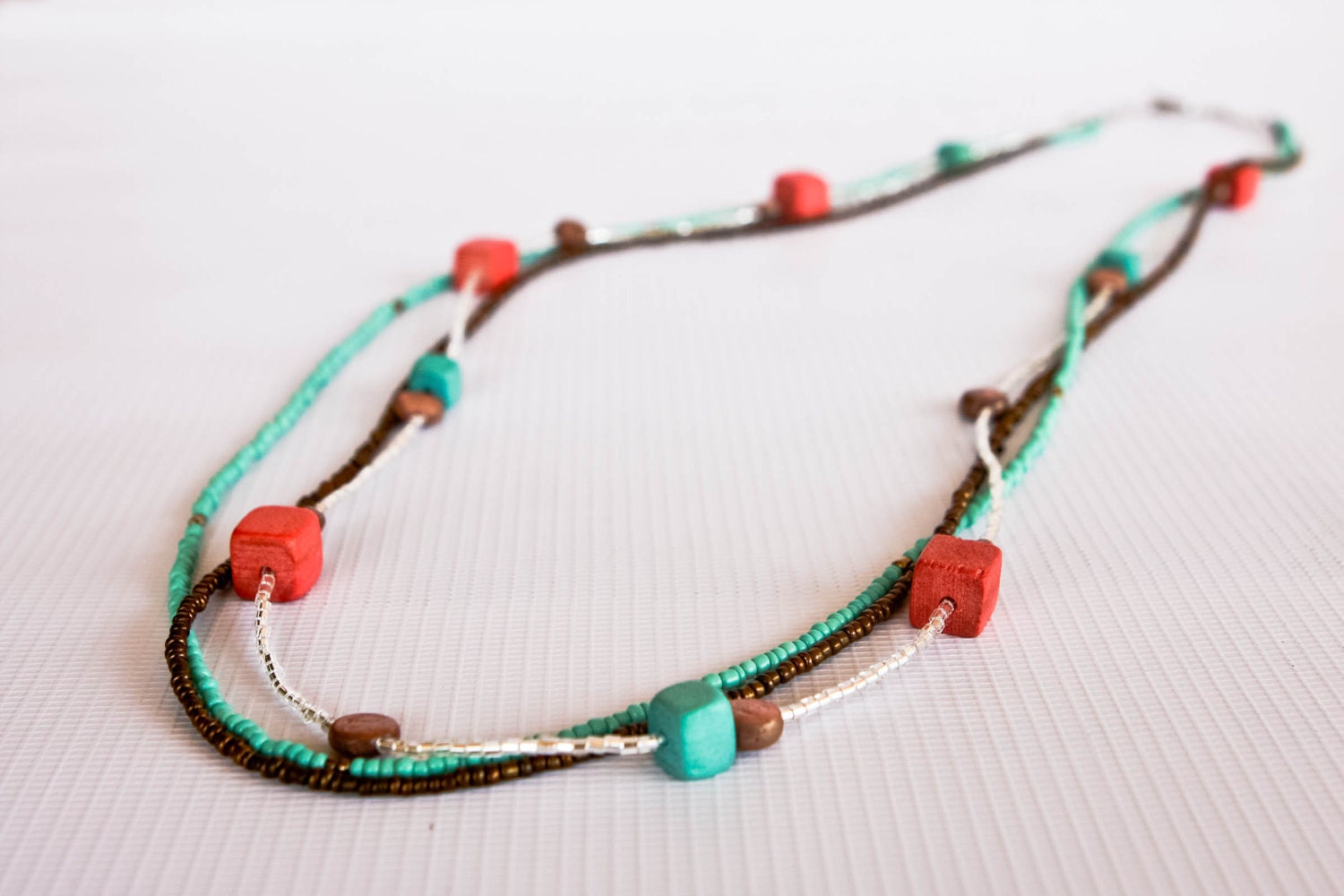 Teal, Mint, Coral and Brown Multi-Strand Wood Beads Necklace/Bracelet