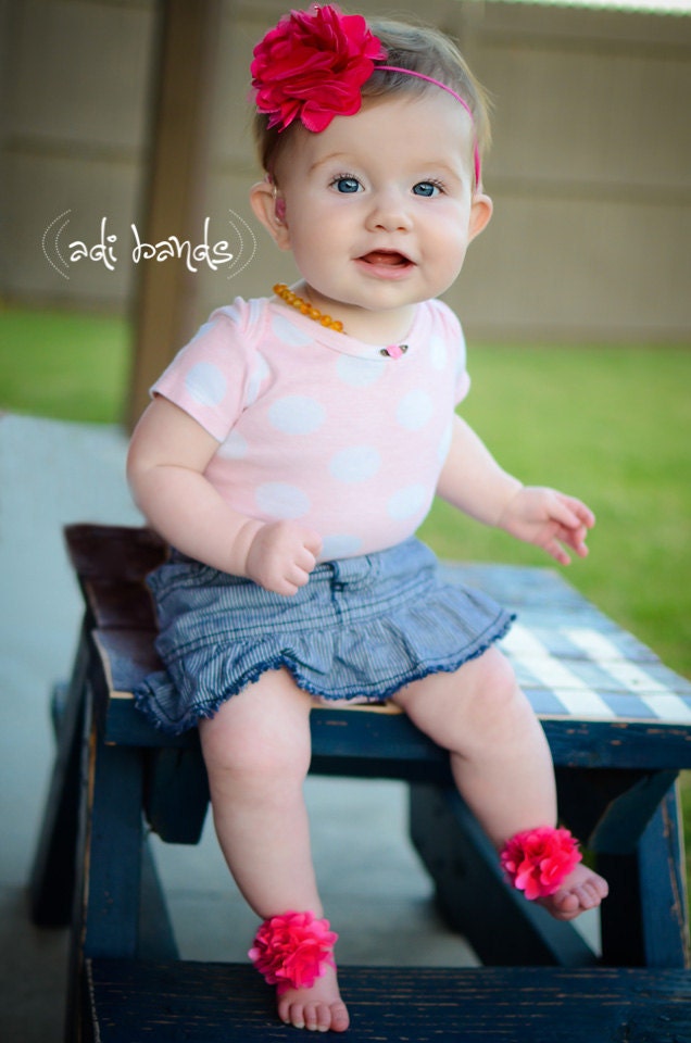 Hot Pink Poof Baby Sandals with Matching Headband
