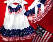 Little Miss America DOUBLE RUFFLE Baby Pillowcase Dress and Ruffle Bloomers Diaper Cover Red, White and Starry Blue Made to Order 0 to 3T