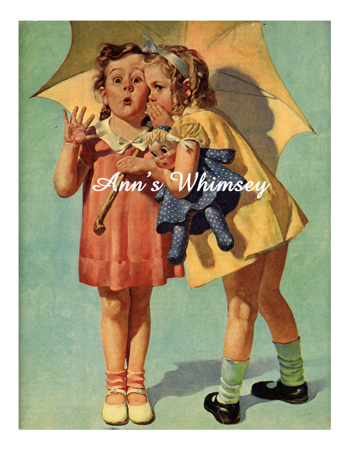 LITTLE GIRLS Secrets Art Print - Great Gift - Best Friends - Restored Antique Art Print -