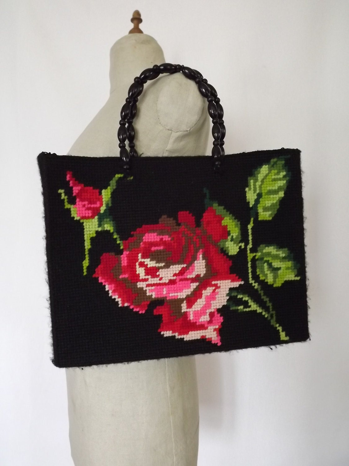 Reserved for Alena Vintage Black Cross Stitched Purse with Rose and Beaded Handles