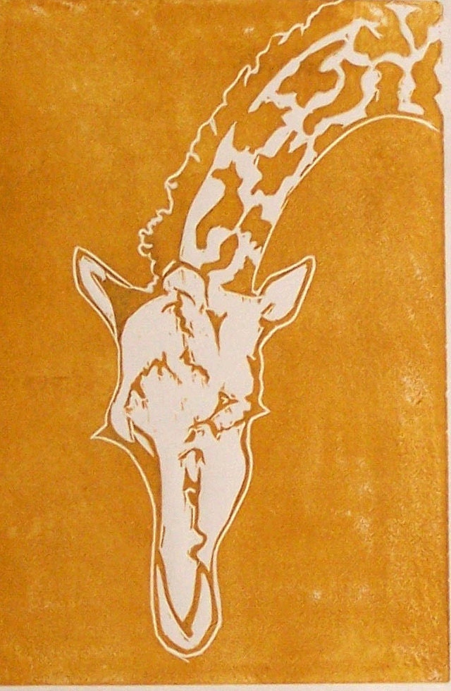 Yellow Giraffe looking down, hand pulled linocut print