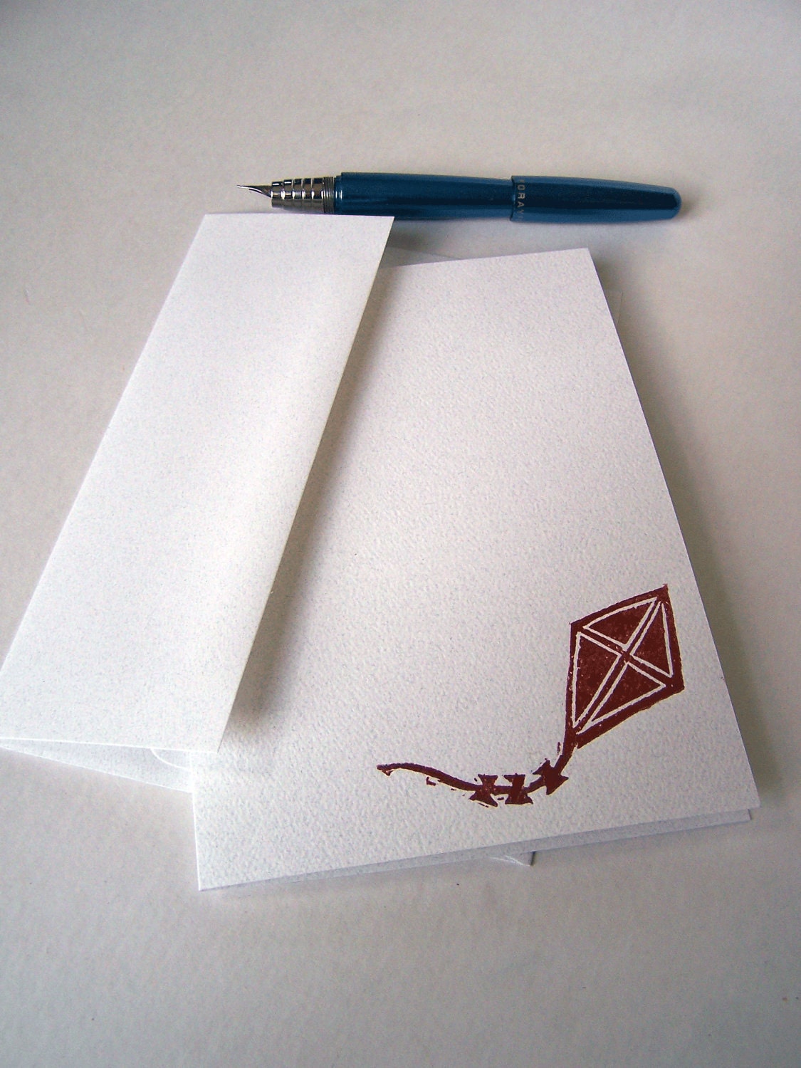 Summer time Kite Card, red kite card blank inside, hand drawn and carved linocut card