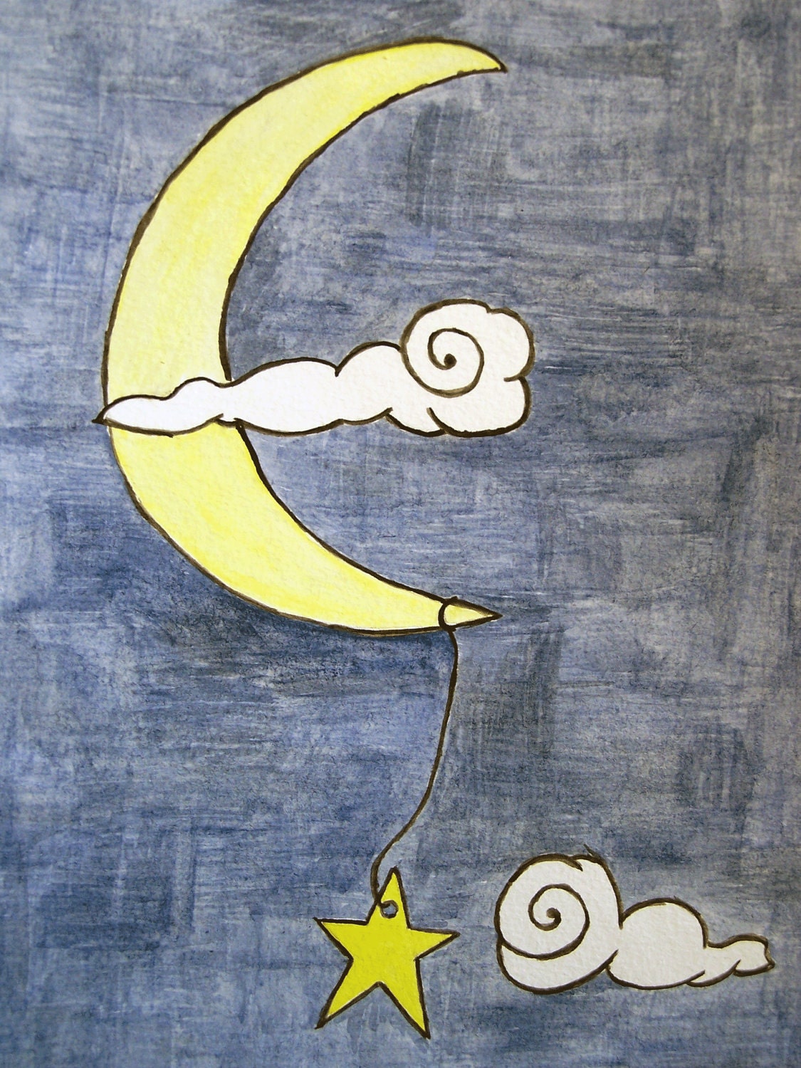 Moon and star illustration, original watercolor of a star hanging from the moon
