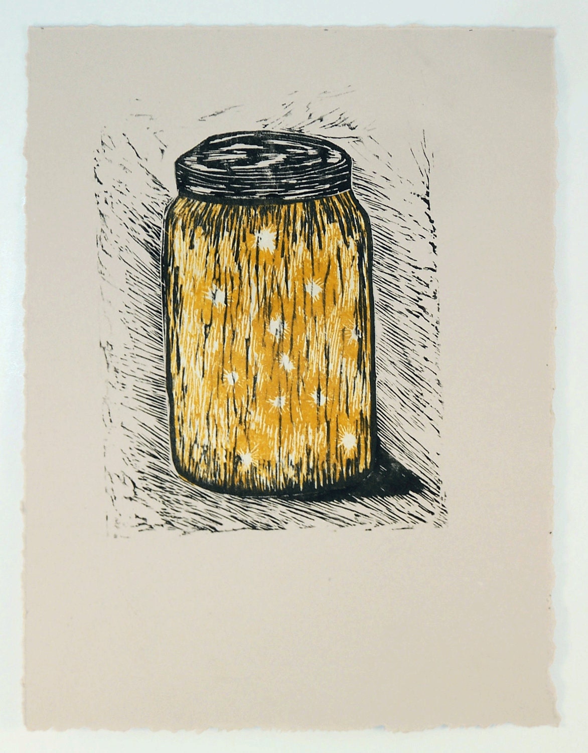 Jar of Fireflies, hand pulled linocut print